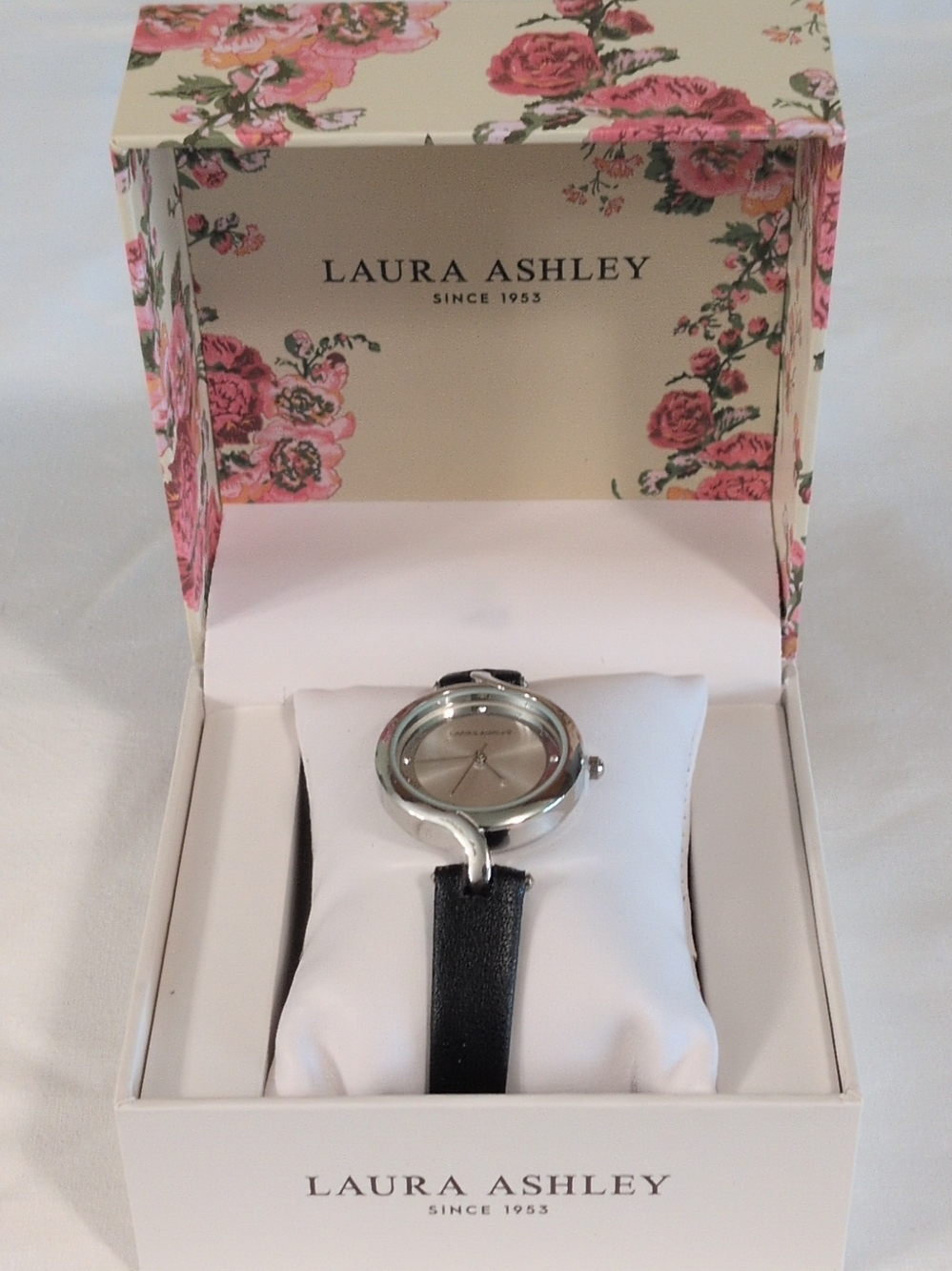 Laura Ashley Black Leather Strap Silver-Tone Round Watch